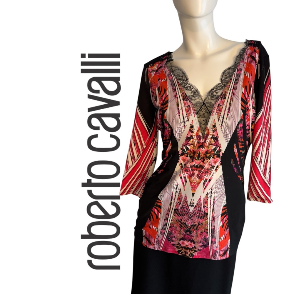Roberto Cavalli Multicolor Pink & Black Lace-Trim V-Neck Top